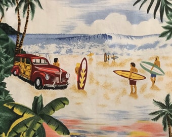 Woodie Classic Car Hawaiian Shirt “Bishop St” Station Wagon Auto/Surfboards/Scenic/Travel Souvenir/Mens Small (Chest 40”) Vintage