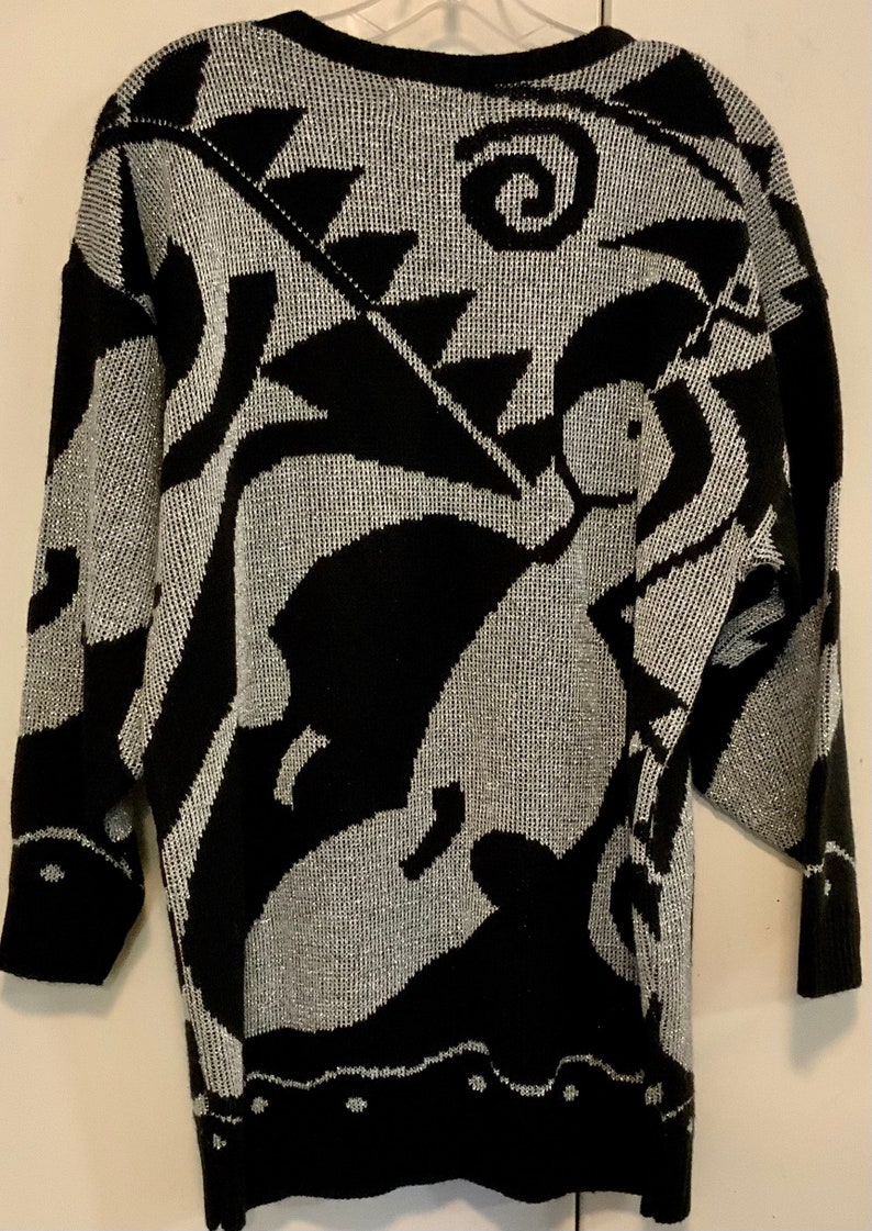 80s Black Pullover Sweater/Silver Metallic/Abstract Print/Jonathan Cass/Acrylic/Womans chest 42 Vintage 1970-1980s image 5