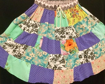 Floral Patchwork Skirt Set/Cottagecore/Pink+Blue Pastel Flower Print "Good Times" India/Spring-Summer/Short/Woman Free Size/2 Piece/Vintage