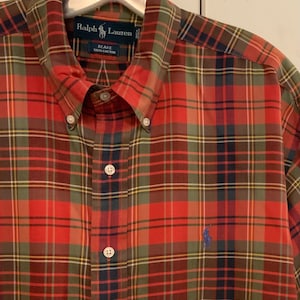 Ralph Lauren Shirt/“Blake”/Polo Player Logo/Red & Green Plaid/Button-Down/Long Sleeve/Christmas/Mens Large (chest 56”/Vintage 1990S