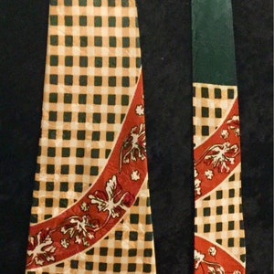 1940s Mens Tie-Necktie/Art Deco Smoothie Silk Jacquard/Buffalo Check Plaid/Leaf Print/Red-Green-Gold/4.5Wx 53L/Vintage image 5