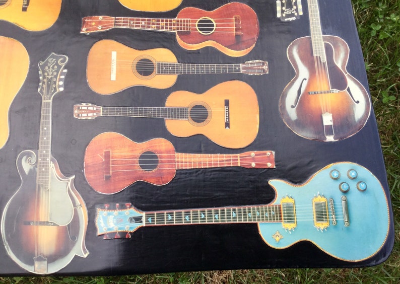 Op de afbeelding: Een verzameling van acht verschillende gitaren, waaronder een mandoline, een ukelele en een elektrische gitaar. De gitaren zijn gerangschikt op een zwart oppervlak en zijn allemaal in verschillende tinten bruin, blauw en natuurlijk hout.