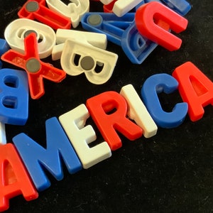 70s Refrigerator Magnets/Alphabet Letter Learning Toy/Child/Plastic/Patriotic Red+White+Blue/Plaid Jar/97 Piece SET/Vintage 1970s