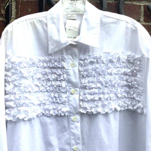 White Blouse-Shirt-Top-Tunic “NWT” Tiered Ruffles “Carlton Sport” Button Up/Long-Sleeve/Boho Mexican/Woman (chest 48”) Vintage 1980s