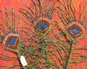 Peacock Feathers Set/Beaded/Glass Seed Beads/French-Style/Blue+Green+Purple/Handmade/India/Lg 18”/Vintage 1980-90s/3 Piece