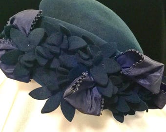 Floral Hat/Suiter Hat/“Diem Original"/Blue Wool Felt/Woman's Millinery//Handmade/Vintage Mid Century 1950s