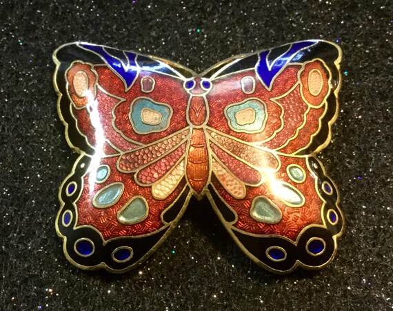 Cloisonne Butterfly Buckle Set/blue & Red Enameled Metal 