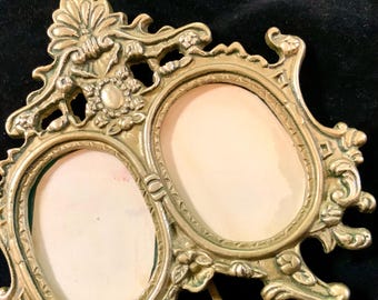 Picture Frame/Photo Frame/Brass/Double Oval/Tabletop/Victorian/Art Nouveau/Decorative Crafts Inc/Imported/Handcrafted/Small 6x6”/Vintage