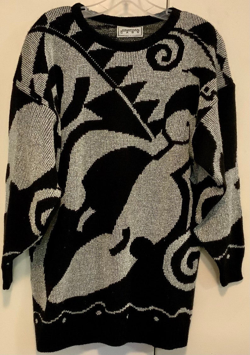 80s Black Pullover Sweater/Silver Metallic/Abstract Print/Jonathan Cass/Acrylic/Womans chest 42 Vintage 1970-1980s image 2