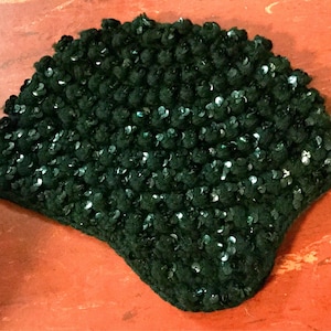 40s Black Beaded Hat-Skull Cap-Beanie-Helmet/Crochet Hand Knit with Sequins/Woman&#39;s Size Small/Handmade/Vintage 1940s