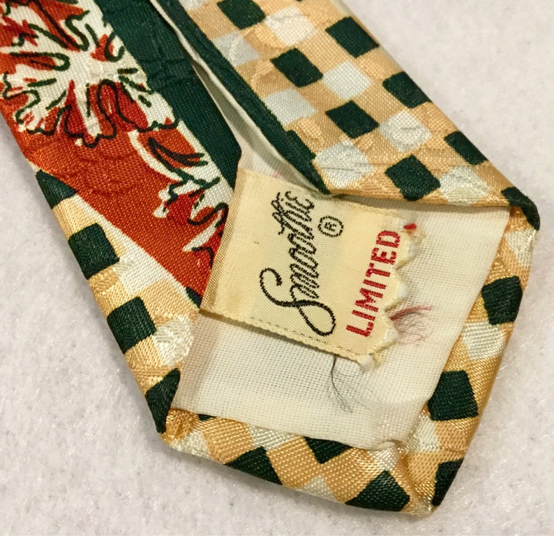 1940s Mens Tie-Necktie/Art Deco Smoothie Silk Jacquard/Buffalo Check Plaid/Leaf Print/Red-Green-Gold/4.5Wx 53L/Vintage image 7