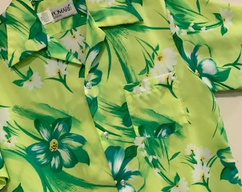 Vtg Pomare Hawaiian Shirt/Button-Up/Polyester/Floral Print/Lime Green/Short-Sleeve/Mens/Unisex/Size Medium (chest 42”) Vintage 1970s