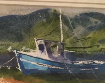 Vtg Ireland Nautical Painting/Original Watercolor-Gouache/Lobster Fishing  Boat/Irish Scenic Coastal Landscape/Signed Tom Sutherland/Vintage