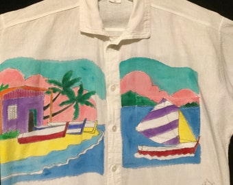 Nautical Print Blouse-Shirt-Top/Hand Painted/Pastel/Tropical Island/Sailboat-Seashore-Ocean/Summer Beachwear/Woman's Size Medium Vintage