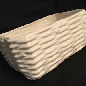 Ceramic Planter-Vase-Pot-Centerpiece/White Faux Wicker Pottery/Rectangle/Large & Heavy 9x11”/Vintage