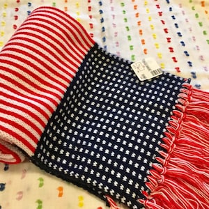 70s USA Flag Scarf/Patriotic America Red-White-Blue Stars & Stripes Print/NWT/Long Acrylic-Knit/Fringe/Winter/Unisex/Vintage 1970s