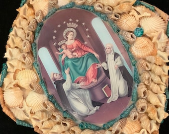 Christian Art Virgin Mary Jesus Print Shell Art Souvenir/Religious Shrine Diorama/Madonna+Baby Jesus/Italy Wall Art/Handmade/Vintage 1950