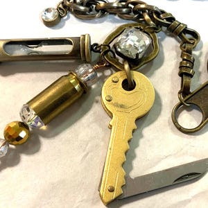 Steampunk Necklace-Pendant Jewelry/Multi Charm/Key/Bullet/Empty Gun Amo Shell Casing/Brass-Copper/Large Assemblage/Handmade