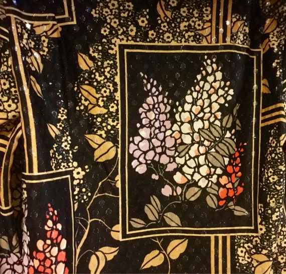 1970 Black Floral Blouse-Shirt/Asian Flower Metal… - image 3