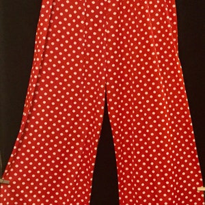 May include: Red wide-leg pants with white polka dots.