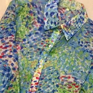 Blue Watercolor Blouse-Tunic-Shirt-Top/Pointilism Seurat-Style Pastel Abstract Print/Button-Up/Collar/Long Sleeve/NWOT/Woman&#39;s Small/Vintage
