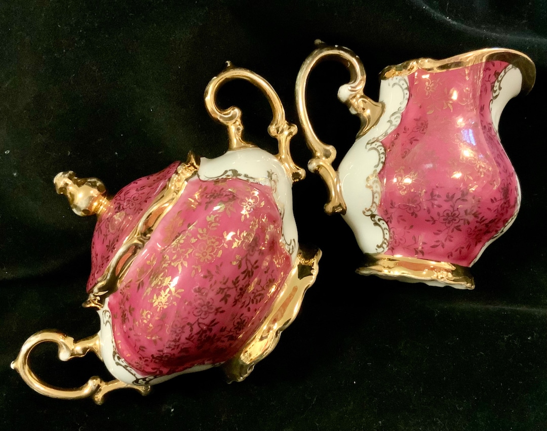 Mini Bavaria Sugar Bowl & Creamer wunsiedel Pink Porcelain China/22kt