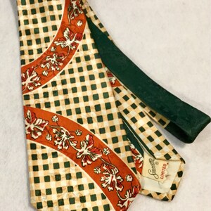 1940s Mens Tie-Necktie/Art Deco Smoothie Silk Jacquard/Buffalo Check Plaid/Leaf Print/Red-Green-Gold/4.5Wx 53L/Vintage image 4