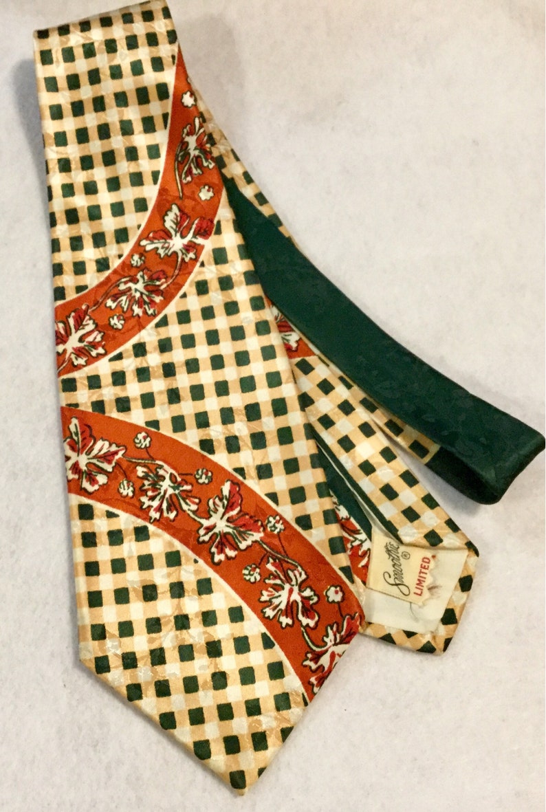 1940s Mens Tie-Necktie/Art Deco Smoothie Silk Jacquard/Buffalo Check Plaid/Leaf Print/Red-Green-Gold/4.5Wx 53L/Vintage image 4