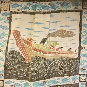Reyn Spooner Hawaiian Shirt/Nautical/“Dietrich Varez&quot;/Geometric Reverse Print/Native Fishing Boats/Mens Size L-XL (chest 50”) Vintage