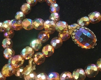 50s AB Crystal Beaded Necklace-Choker/Aurora-Borealis Gold Faceted Glass Beads/Single Strand/Unmarked/Classic Preppy/19.5”L/Vintage 1950s