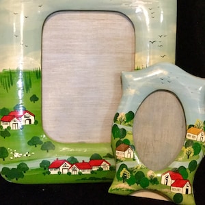 1970s Cottagecore Photo Frame-Picture Frame/Ceramic/Tabletop/Hand-Painted Country Landscape/Taste Seller Sigma/Large-Small 2pc Set/Vintage