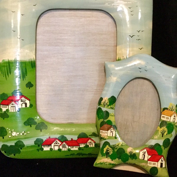 1970s Tole Photo Frame-Picture Frame/Ceramic/Tabletop/Hand-Painted Country Landscape/Taste Seller Sigma/Large-Small 2 Piece Set/Vintage