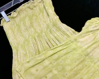 Tube Top Dress-Sundress/Beaded & Smocked Bandeau/Maxi/Tiered/Lime Green/Woman’s Small/Vintage 1990