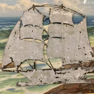 Ship Model Plaque/Schooner-Sailboat/Die-Cut Galvanized Sheet Metal/Nautical Hanging Wall Art/Large 13x16”/Handmade/Vintage