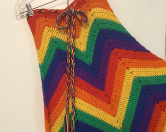 60s Crochet Maxi Skirt-Dress/Handkerchief Hem/Multicolor Rainbow Striped/Gypsy-Boho-Hippie/Handmade/Woman Small/Vintage 1960s