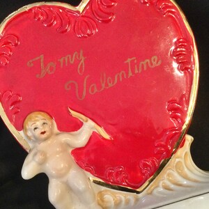 60s Valentine Vase-Planter/Red Heart/Ceramic/Napcoware/“Be My Valentine”/Cupid-Cherub-Putti/Valentine’s Day Gift/Large 6”H/Vintage 1950s