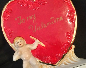 1950s Valentine Floral Vase-Planter/Red Ceramic Heart/Napcoware/“Be My Valentine”/Cupid-Cherub-Putti/Valentine’s Day Gift/Large 6”H/Vintage