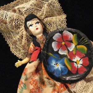 Mexico Doll Souvenir/Hispanic Travel Doll/Plastic w/Floral Bata Wood Bowl-Plate/Folk Art/Hand-Painted/Small-Mini 6”/Handmade/Vintage