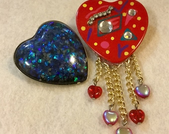 Heart Pin-Brooch Set/Red+Blue/Lucite+Acrylic/Rhinestone/Glitter/Fringe/Chain/Dangle/Valentine’s Day Gift/2 Piece/Handmade/Vintage
