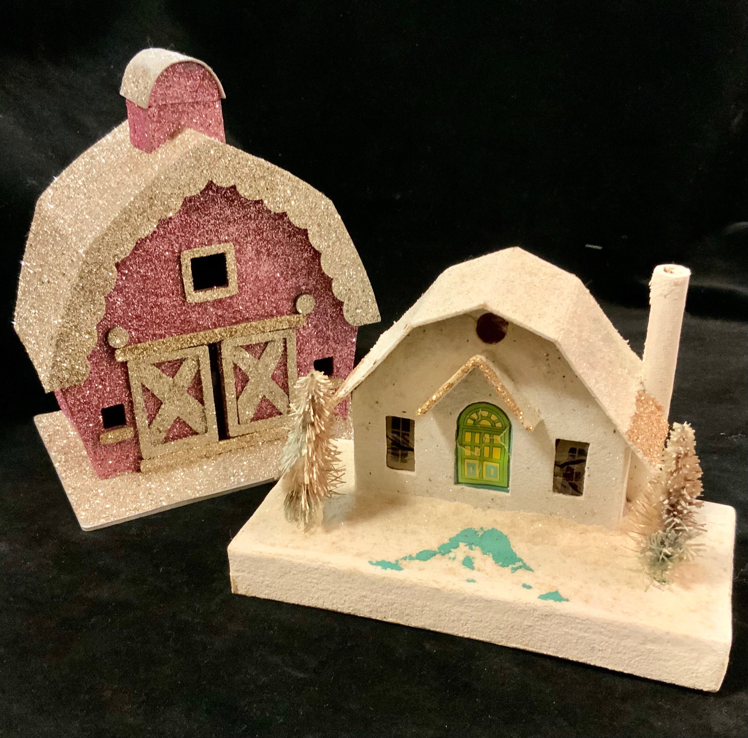 Putz House Christmas Village/Dept 56/Barn & Church/Mica/Glitter/Cardboard/Japan/Small-Miniature 2 Piece SET/Vintage