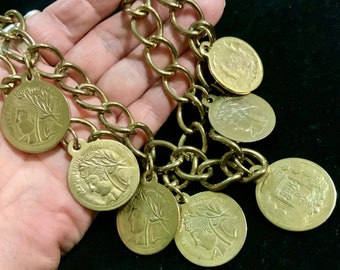 Coin Chain Belt/Multi Charm/French/Republique Francaise/Gold-Tone Metal/Adjustable/7 Coins/35”L/Vintage 1980s