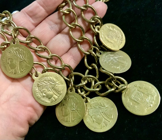 Vintage Faux French Coin & Chain Belt Republique Francaise Adjustable Coin Chain Belt/multi Charm/french/republique Francaise/gold  main image 4