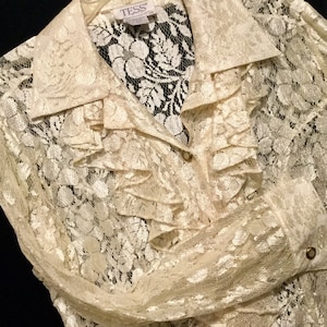 80s White Lace Blouse-Top/Cottagecore/Ruffle/Tess/Sheer See-Thru/Button-Up/Collar/Long-Sleeve/Formal-Wedding/Woman 12 (chest 40”)Vintage