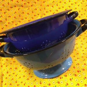 Blue Enamelware Colander-Strainer-Cookware/Graniteware/Footed/Double Handles/Black Trim/Nesting/Poland/Small & Large 2pc SET/Vintage