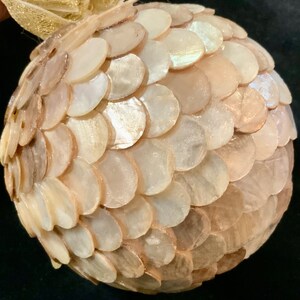 May include: A round, white, iridescent ornament made of overlapping, scalloped, mother-of-pearl pieces.