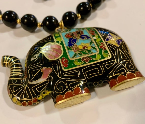 Chinese Cloisonne Elephant Pendant Choker Necklac… - image 1