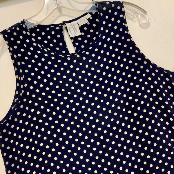 Blue Tank Top Blouse/Polka Dot Print/CW Clifford & Wills/Silk/Navy Blue and White Print/Woman’s Size Medium (chest 37”) Vintage 1980s