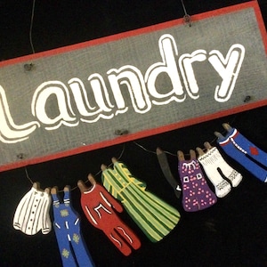 HP Wood Sign for Laundry Room/Original Folk Art Signage/Clothesline/Hand-Painted Wood Wall Art Country Decor/Large/Handmade/Vintage 1990s