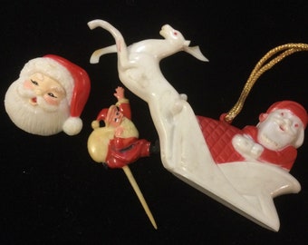 1950s Santa Christmas Ornament + Pin + Cocktail Pick/Santa Claus/Reindeer/Sleigh/Blow Mold Hard Plastic (BROKEN)/3 Piece SET/Vintage