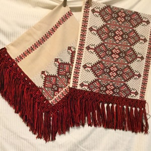 Greek Table Runner-Doily Souvenir/Cretan Embroidery/Homespun Wool Tablecloth Linen/Folk Art/Handmade/Embroidered/2 Piece SET/Vintage